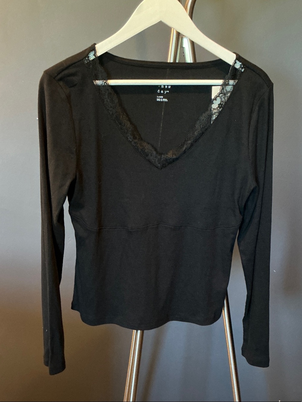 a new day Black V-Neck Long Sleeve Top with Lace Trim